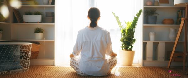 woman sitting in meditation pose facing a sunny window in a living room